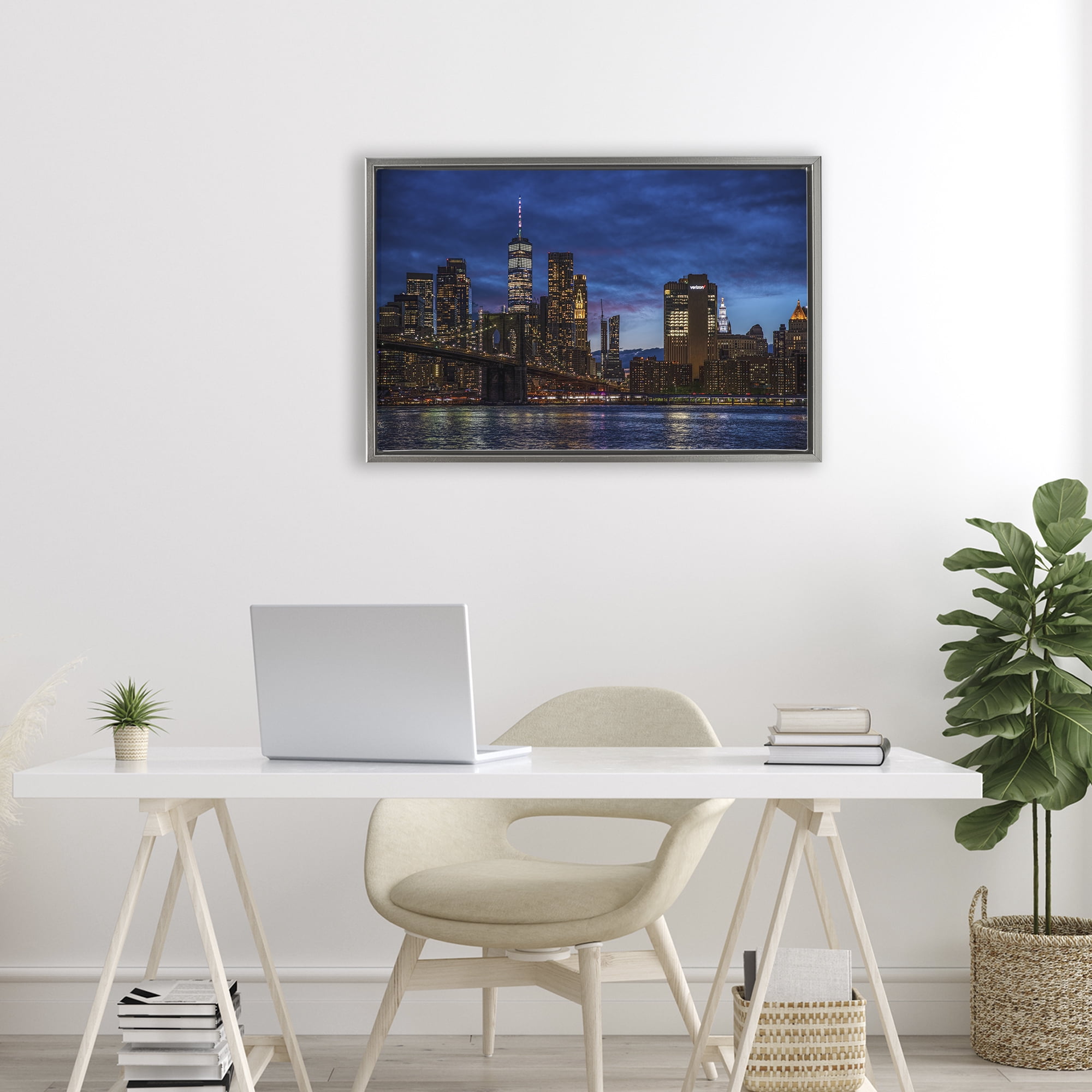 Stupell Industries Brooklyn Bridge at Night Gray Framed Floater Canvas Wall Art, design by Tim West