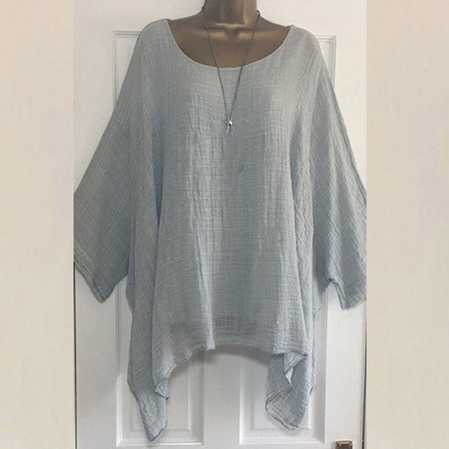 CHOK Summer Women Retro Round Neck Short Sleeve Plain Baggy Blouse