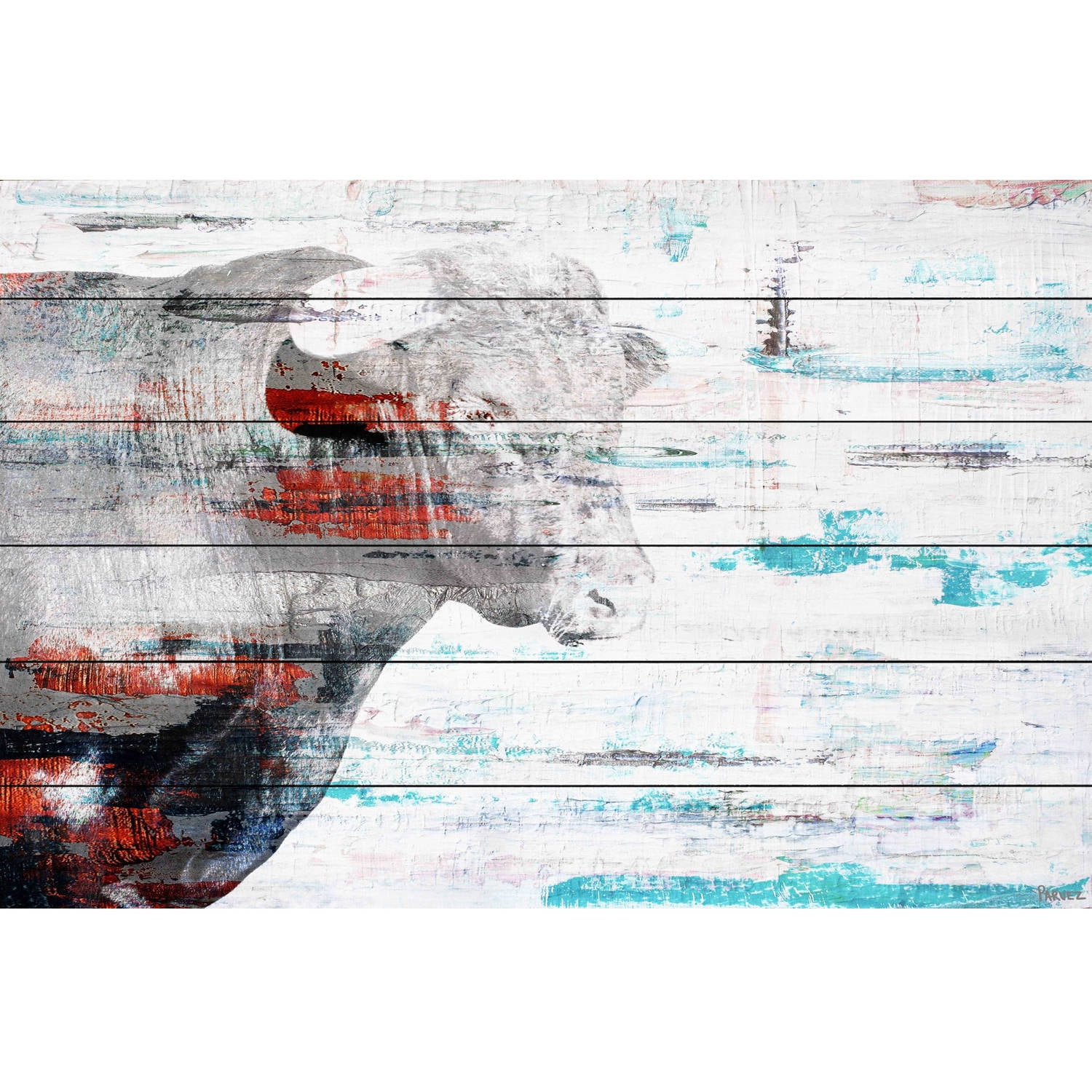 Parvez Taj  - 'Red Bull Profile' Painting Print on White Wood - Multi-color 18 x 12