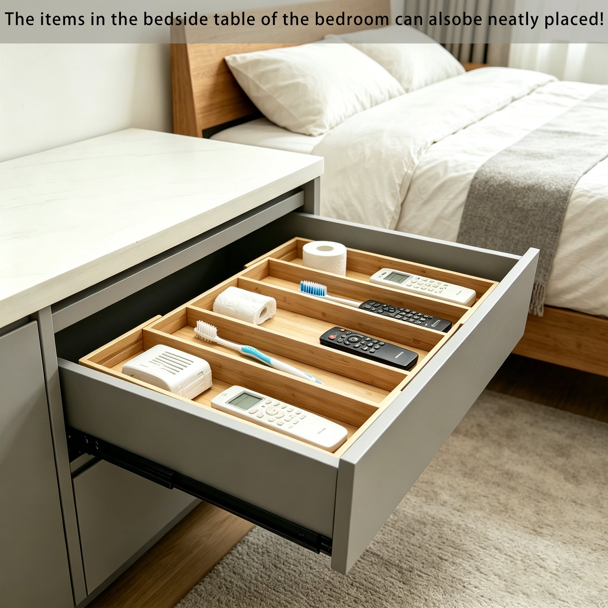 Bamboo Expandable Kitchen Drawer Organizer, Adjustable Utensil Holder and Cutlery Tray Organiser, Drawer Divider for Silverware, Flatware, Knives in Kitchen, Bedroom, Living Room, 5 Slot
