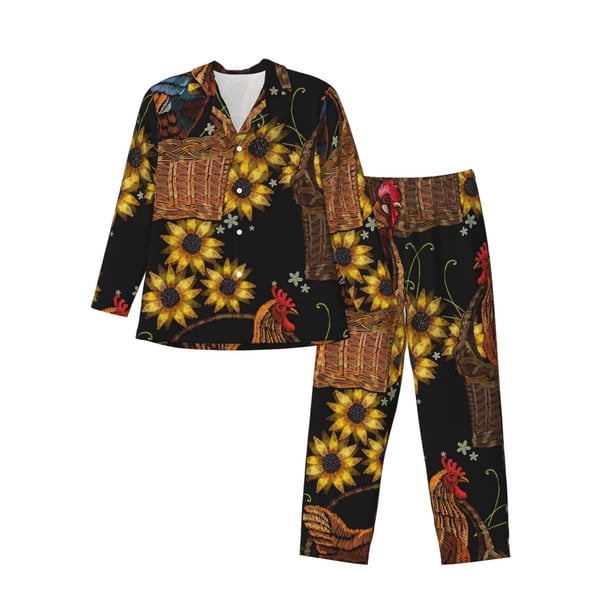 Balery Embroidery Chicken Rooster Pijama para Hombre de Dos Piezas con Manga Larga, Conjunto de Dormir y Descanso Suave con Bolsillos-Large