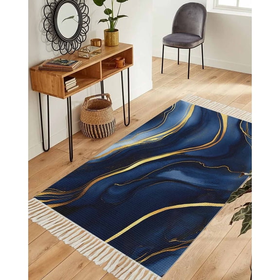 Marble Navy Blue Washable Area Rug 3'x5', Modern Golden Ombre Retro Fluid Art Woven Cotton Tassels Kitchen Rugs, Non Slip Indoor Door Mat Throw Carpet for Entryway Living Room Nursery Laundry Room