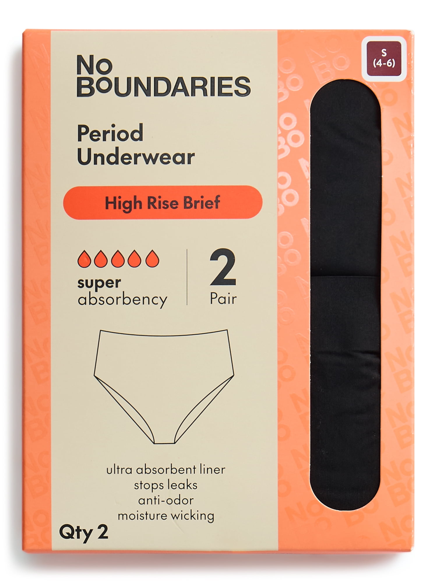 No Boundaries High-Rise Brief Super Absorbency Period Underwear, 2-Pack, Women’s Sizes XS-XXL