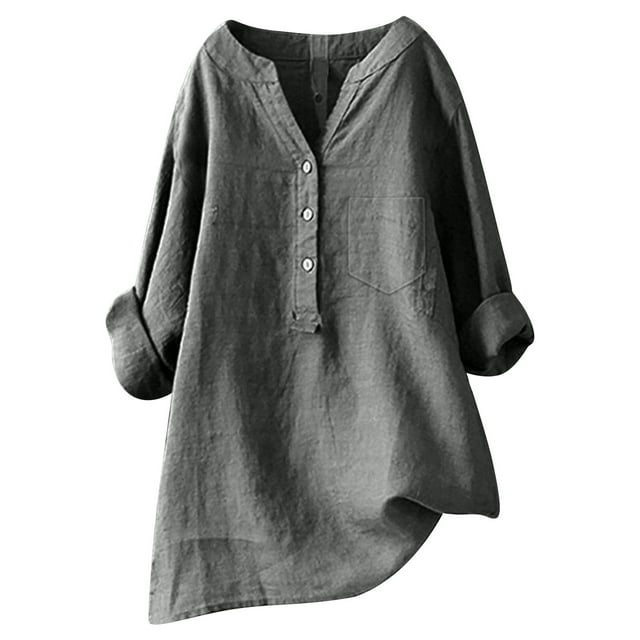 Camisa holgada de lino liso para mujer: manga larga abotonada, cuello mao, mezcla de poliéster, elegante e informal