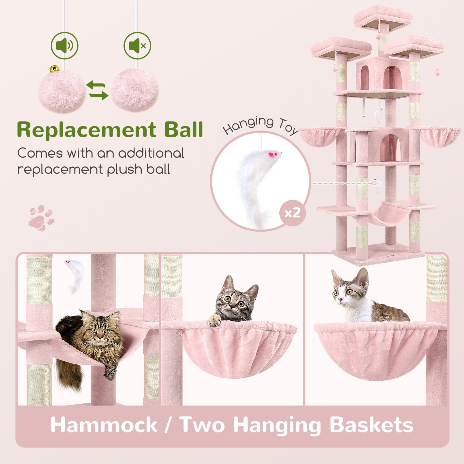 Big Pink 80" Cat Tower for Multiple Cats with Scratching Posts, Hammock & 3 Perches
