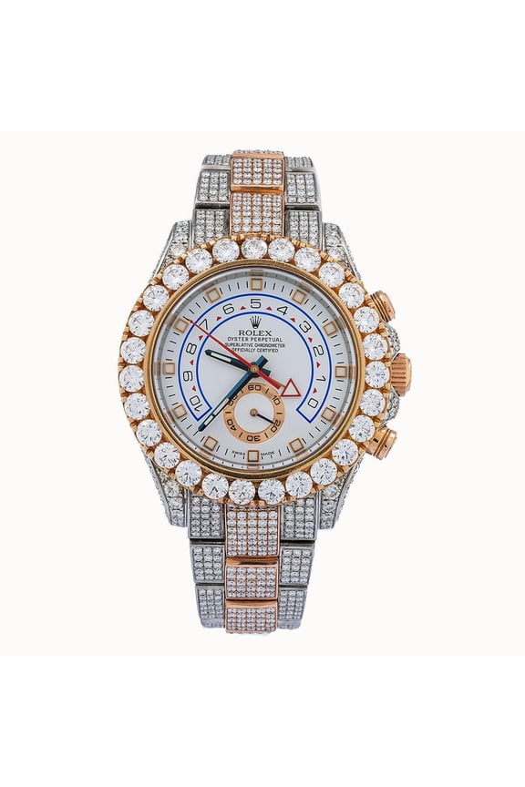 Pre-Owned Rolex Yacht-Master II 44MM 116681 White Dial Diamond Bezel Two Tone Rose Gold Full Diamond Oyster Bracelet 17.5ct