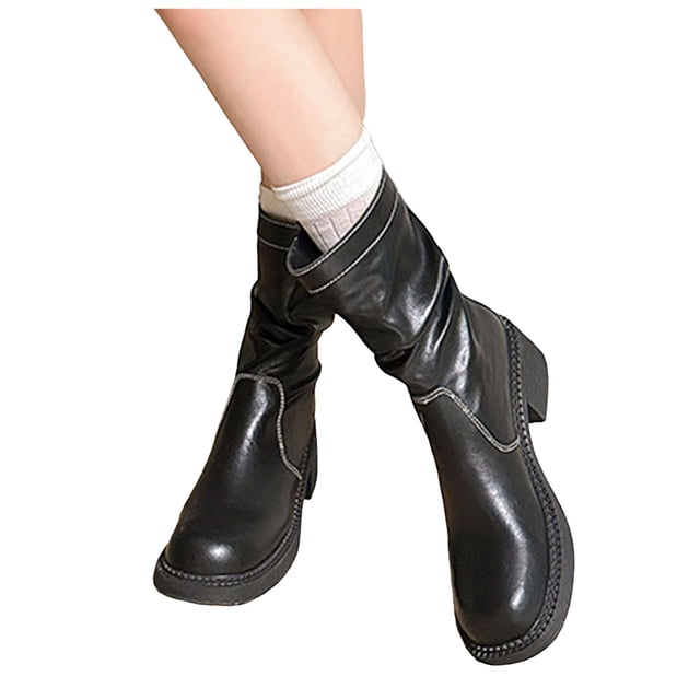 Womens Platform Mid Calf Combat Boots Wide Feet Fashion Leather Chunky Low Heel Motorcycle Riding Short Booties
