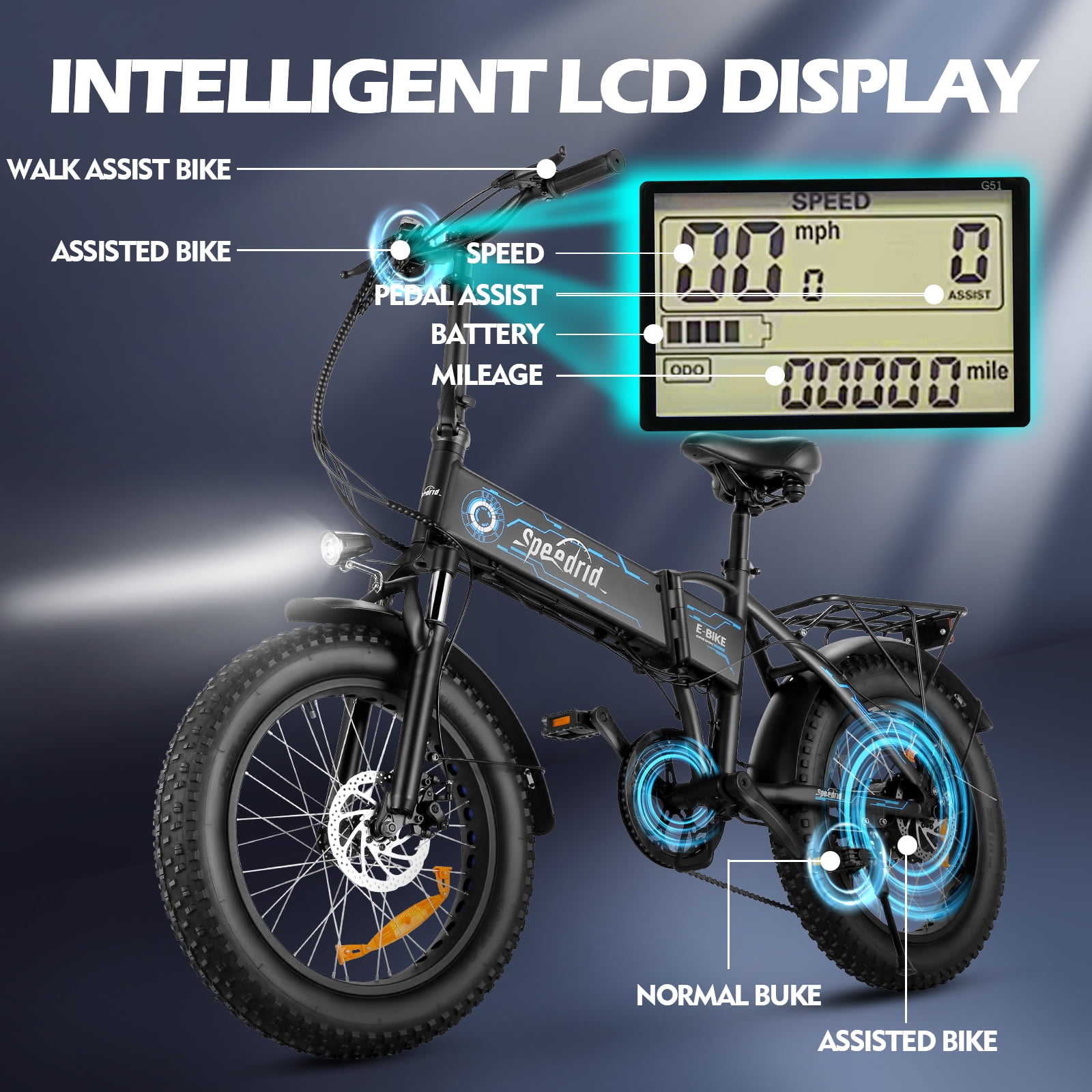 Speedrid 500W Folding Electric Bike for Adults, 20" x 4.0" Fat Tire Ebike with 48V 10.4Ah Large Removable Battery Electric Bicycle, 50 Miles Max Range, Front Suspension Fork and 7 Speed UL2849