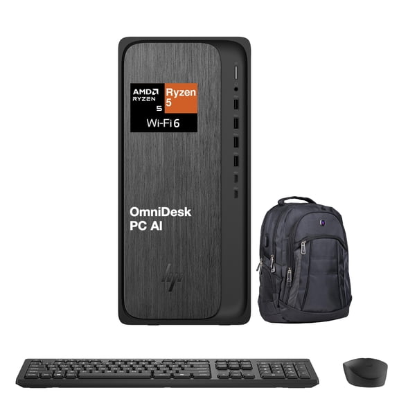 HP OmniDesk Desktop (AMD Ryzen 5 8500G, 16GB DDR5, 512GB SSD, AMD Radeon 740M, 280W PSU, WiFi 6, Bluetooth 5.2, RJ-45, 1 Display Port, HDMI, Win 11 Home) w/Premium Backpack