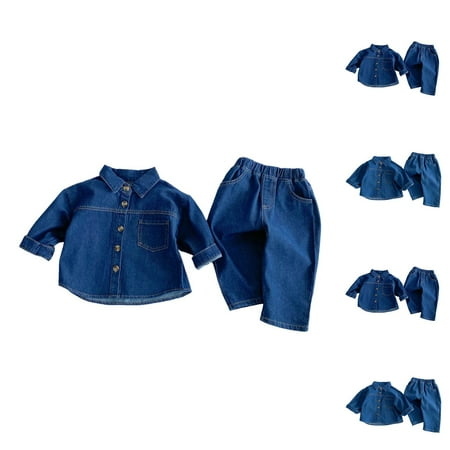 Jinhomg Little Boys Denim Outfits Casual Comfy Long Sleeve Button Down Jean Jacket and Elastic Waist Pants Toddler Kids 2 Piece Fall Clothes Suit Blue 110