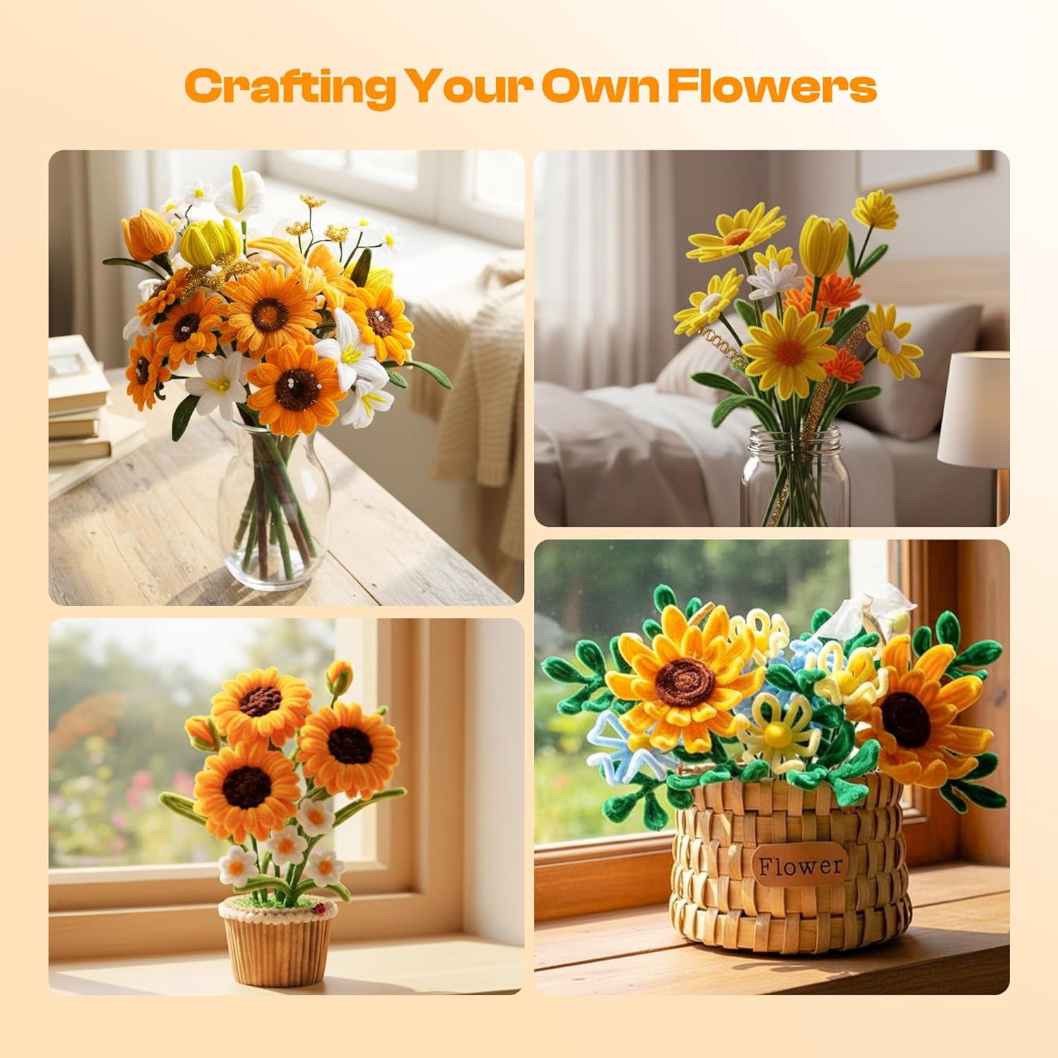 YANTONG 620 PCS Pipe Cleaners Flower Kit for Mother's Day, Yellow Chenille Stems Bulk with Floral Wires, Ribbons, Tapes, Stamens, Glue Sticks for Making Craft Pipe Cleaner Bouquets