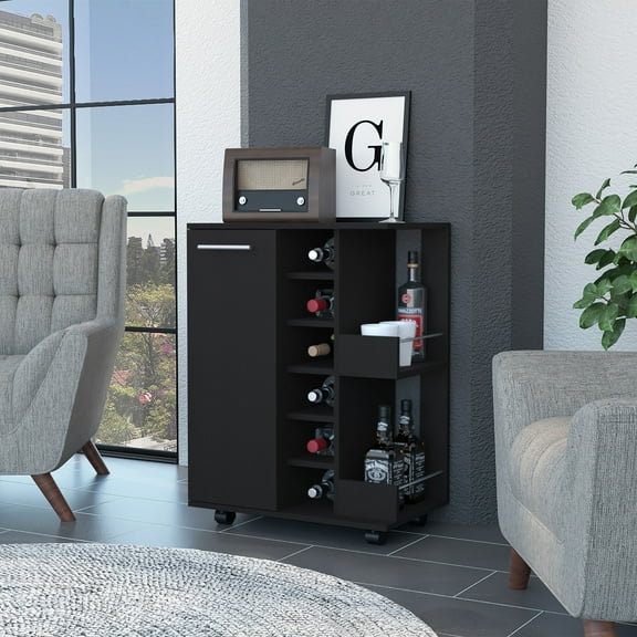 CoSoTower Bar Cart, One Cabinet with Division, Six Cubbies for Liquor, Two Shelves