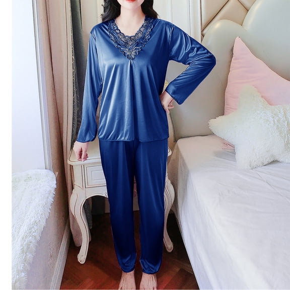 Blmnix Pjs Sets for Women Sleepwear Sets Plus Size Silk Pajamas Pjs Taper Blue Long Sleeve Lace Neckline Full Womens Sleepwear,XXXXL