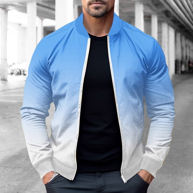 Xysaqa Men's Gradient Color Lightweight Bomber Jacket Premium Full-Zip Active Track Jacket Stretch Long Sleeve Slim Fitted Sportswear with pockets Light Blue