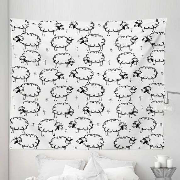 Animal Tapestry, Humorous Sheep Patterns on Meadow Flower Comic Doodle Playroom Art Print, Fabric Wall Hanging Decor for Bedroom Living Room Dorm, 5 Sizes, Black White, by Ambesonne