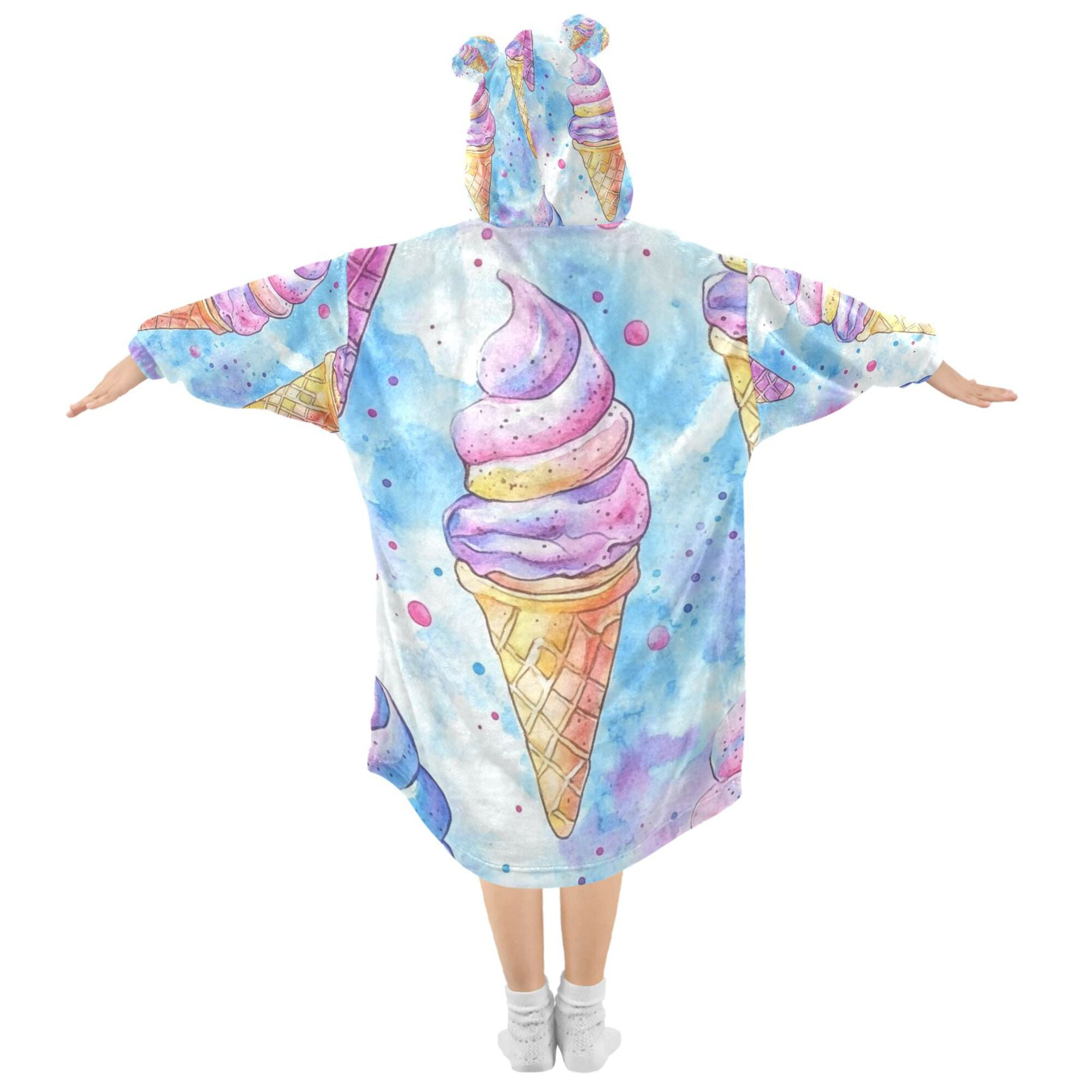 FORMRS Wearable Blanket Hoodie with Sleeves for Kids Cozy Flannel Sweatshirt, Watercolor Ice Cream Pattern