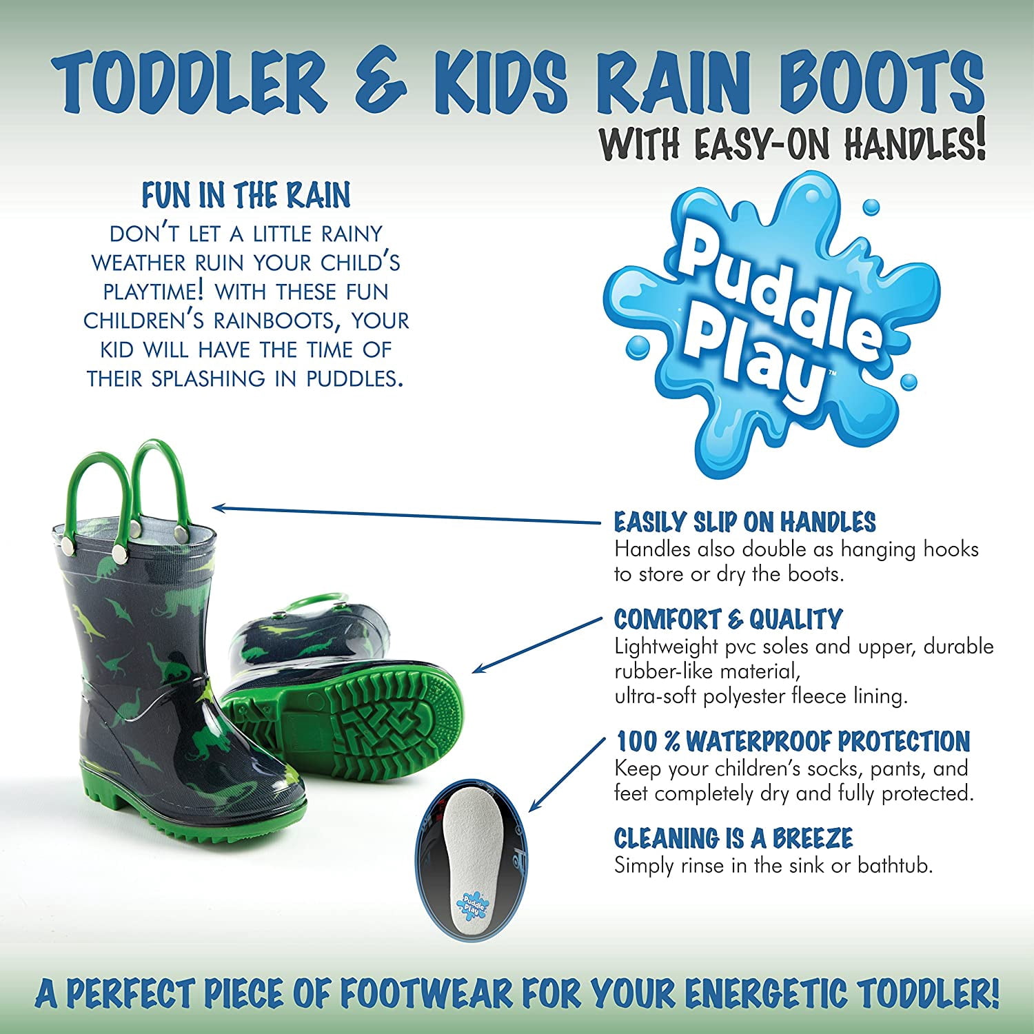 Puddle Play Children's Boys' Dinosaurs Printed Waterproof Easy-On Rubber Rain Boots (Toddler/Little Kids)