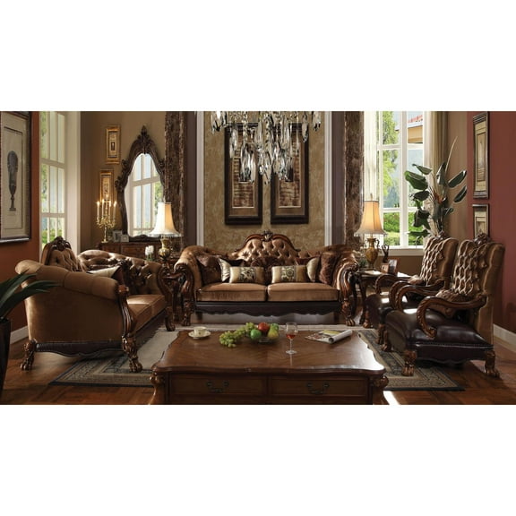 ACME Dresden Sofa w/7 Pillows, Golden Brown Velvet & Cherry Oak