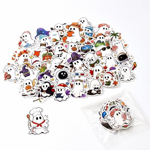 50PCS Halloween Stickers Cute Ghost Vinyl Decals Waterproof PVC Sticker Pack for Kids Party Favors Water Bottle Laptop Skateboard Journal DIY Craft Decoration