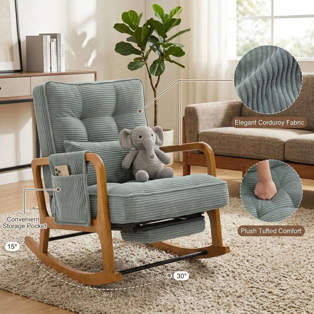 MOONMISS Rocking Chair with Footrest,Rocker Nursery Chair with Side Pocket,Glider Rocker,Accent Reading Chair for Living Room,Mint Green