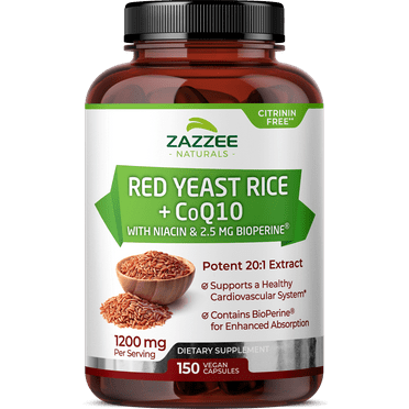 Zazzee Red Yeast Rice 1200 mg with CoQ10, 150 Vegan Capsules, Extra Strength 20:1 Extract, Citrinin Free, Heart Health and Cholesterol Support Supplement