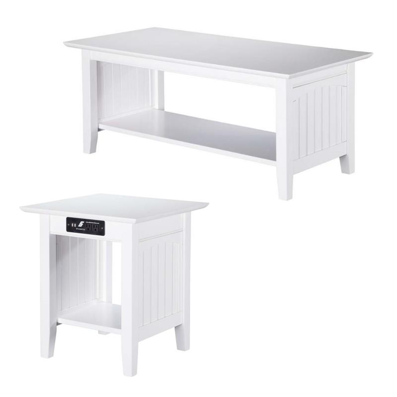 2 Piece Coffee Table and Charger End Table Set in White