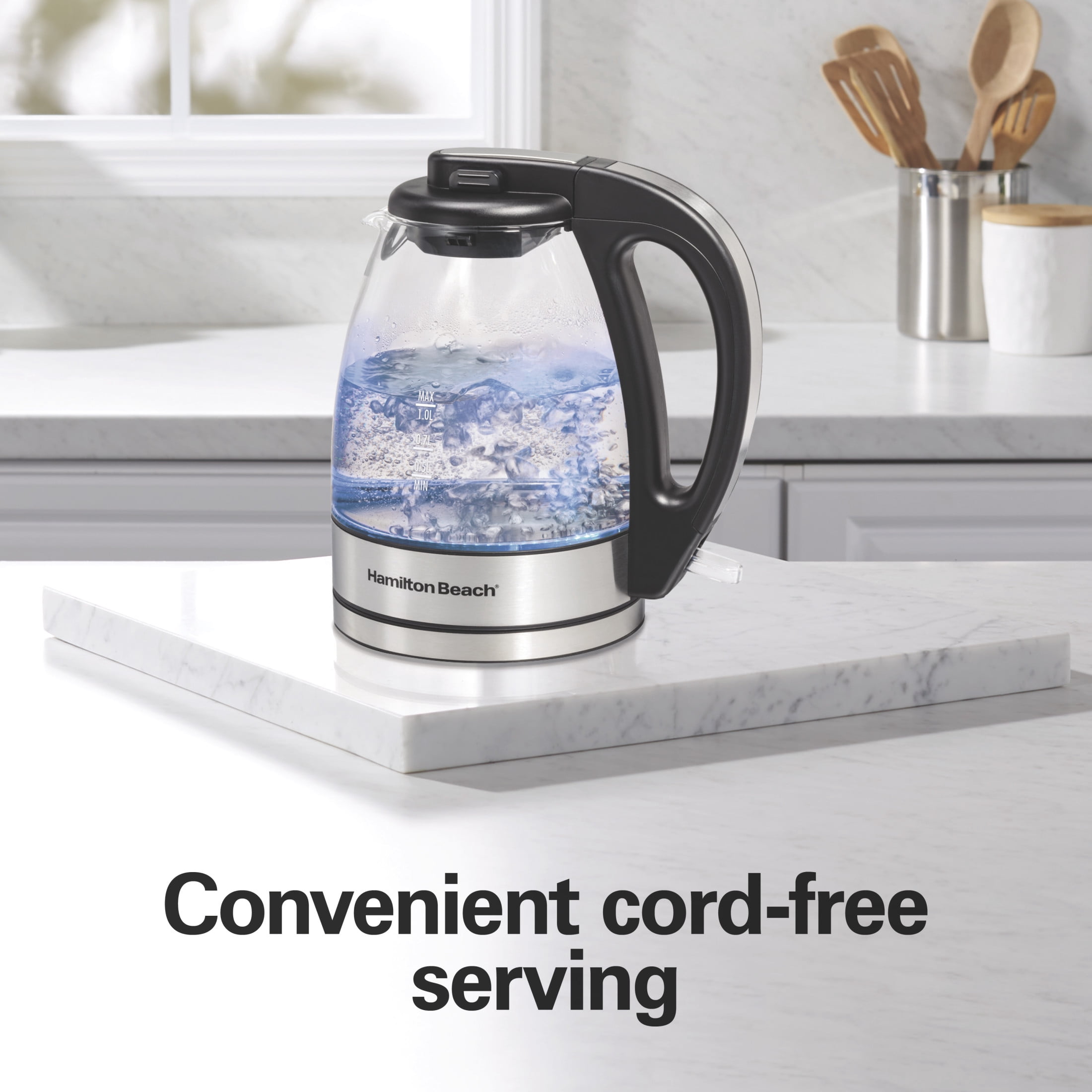 Hamilton Beach Compact Glass Electric Kettle, Tea & Water Kettle, 1L, Stainless Steel & Black Accents