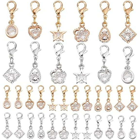 48pcs Cubic Zirconia Pendant Charm with Lobster Dangle 6 Styles Alloy Rhinestone Charm Clip on Crystal Pendant Charms for Keychain Necklace Earring Jewelry DIY Crafts