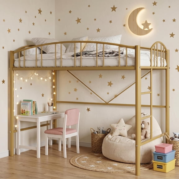 Twin Size Metal Loft Bed with Safety Guardrail - Heavy Duty Space Saving Design, 400lb Capacity, No Box Spring Needed, for Adults