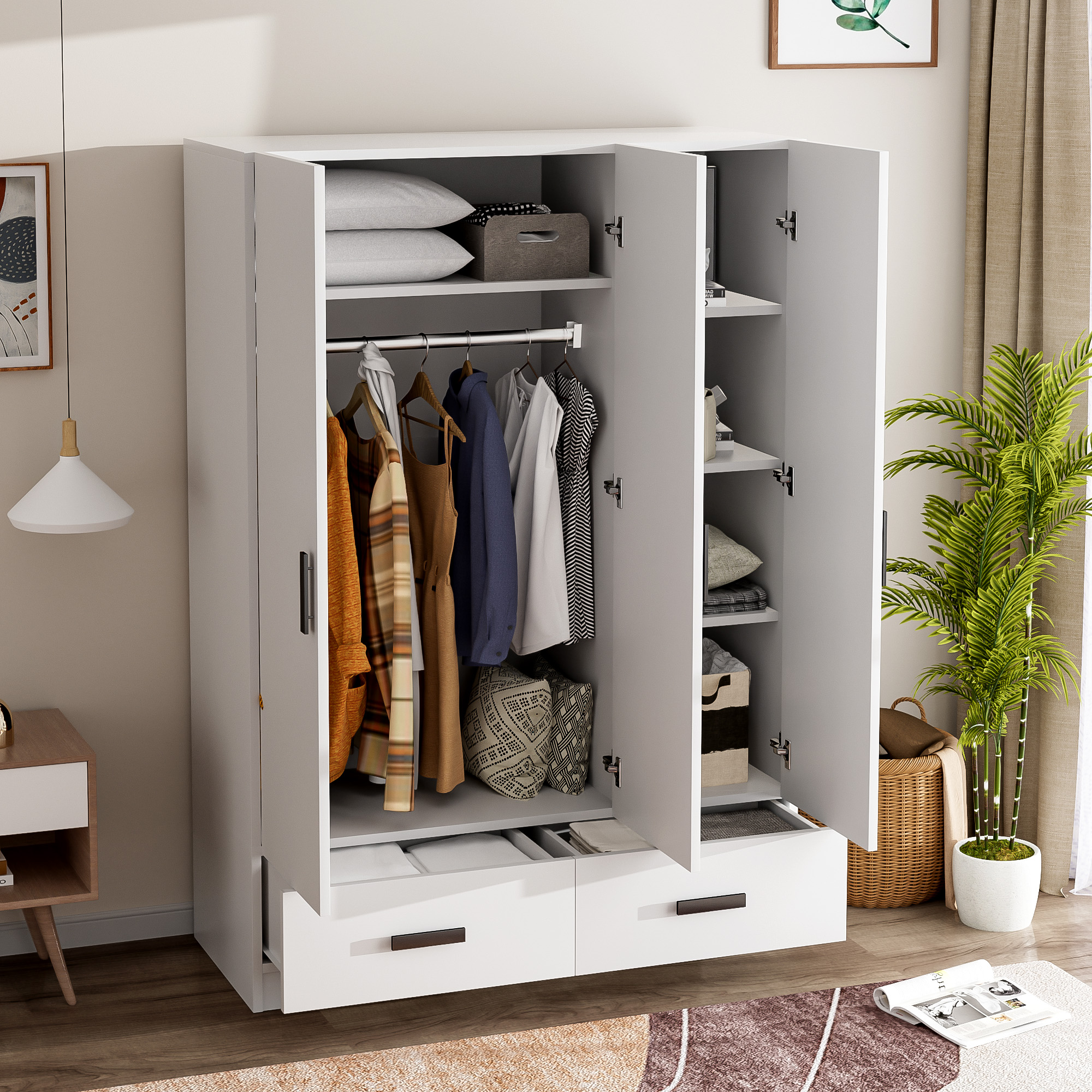 EUROCO 67.7 Modern Armoire Wardrobe, 3 Door Cabinet Closet with Clothing Rods for Kids Adutls, White