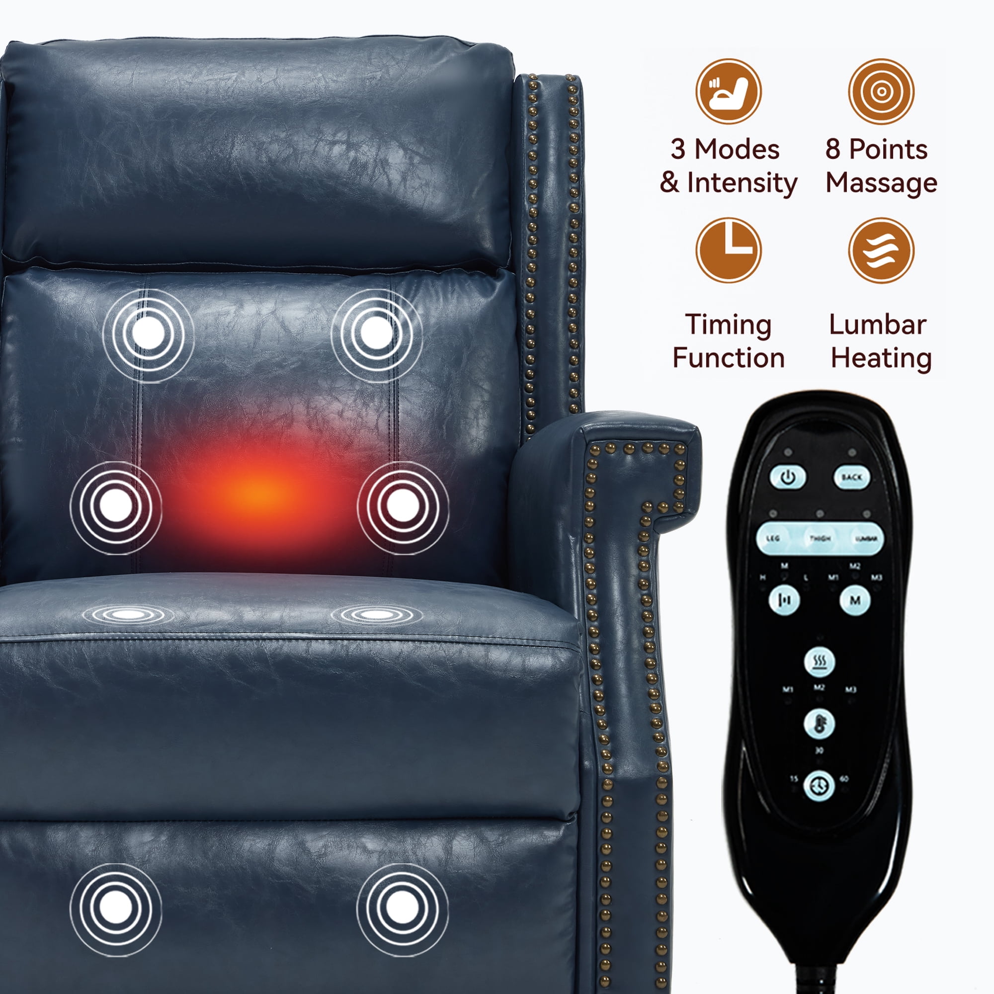 Leumius Recliner Chair for Elderly with Heat and Massage,Heavy Duty Recliners with Side Pockets for Living Room,Blue