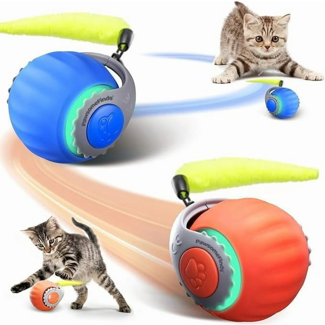 Interactive Cat Toy for Indoor Cats, Two Speed Smart Automatic Cat Toy Moving Ball with Tail, 2 Pack Rechargeable Motion Activated Cat Toys for Bored Indoor Adult Cats (Adapter Not Included)