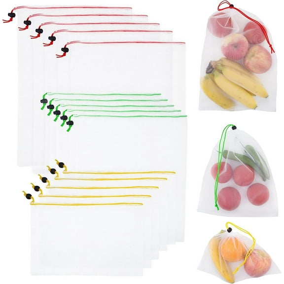 Reusable Mesh Produce Bags 15-Pack - Washable, See-Through, Odorless, Eco-Friendly