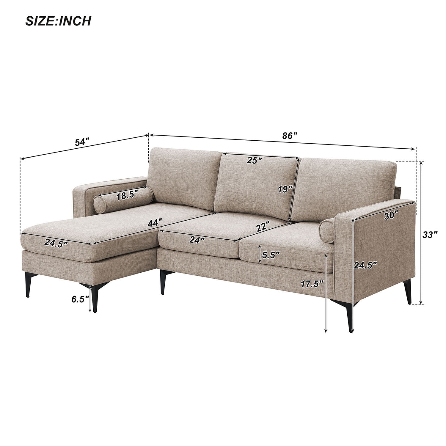 Kadyn 86" Convertible Sectional Sofa, Modern Chenille Fabric Sofa with Reversible Chaise and 2 Pillows, L-Shaped 3-Seat Sofa for Apartment, Camel