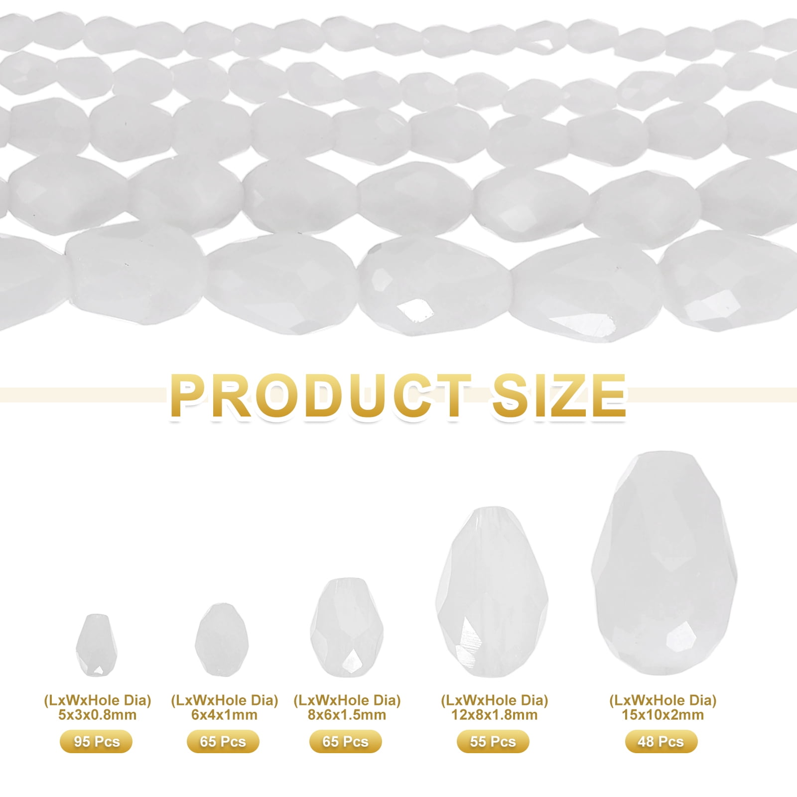Uxcell 328 PCS Teardrop Crystal Glass Beads, 3x5mm 4x6mm 6x8mm 8x12mm 10x15mm Vertical Hole Faceted Glass Teardrop Spacer Beads for Necklace Bracelet DIY Jewelry Making, Creamy White