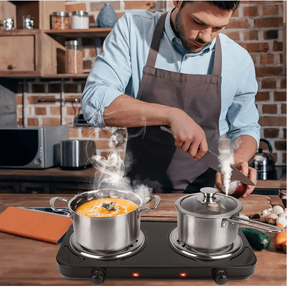 1000W Double Burner Electric Hot Plate, Adjustable Temperature Silent Induction Cooktop with 5 Power Levels, Fast Heating Portable Countertop Stove for Home, Office & Gifting