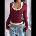 thumbnail image 4 of Camisetas Henley de Larga para Mujer, Blusa Básica Informal de Punto Acanalado con Botones y Corte Ajustado. Vino Tinto S, 4 of 7