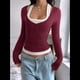 thumbnail image 4 of Camisetas Henley de Larga para Mujer, Blusa Básica Informal de Punto Acanalado con Botones y Corte Ajustado. Vino Tinto S, 4 of 7
