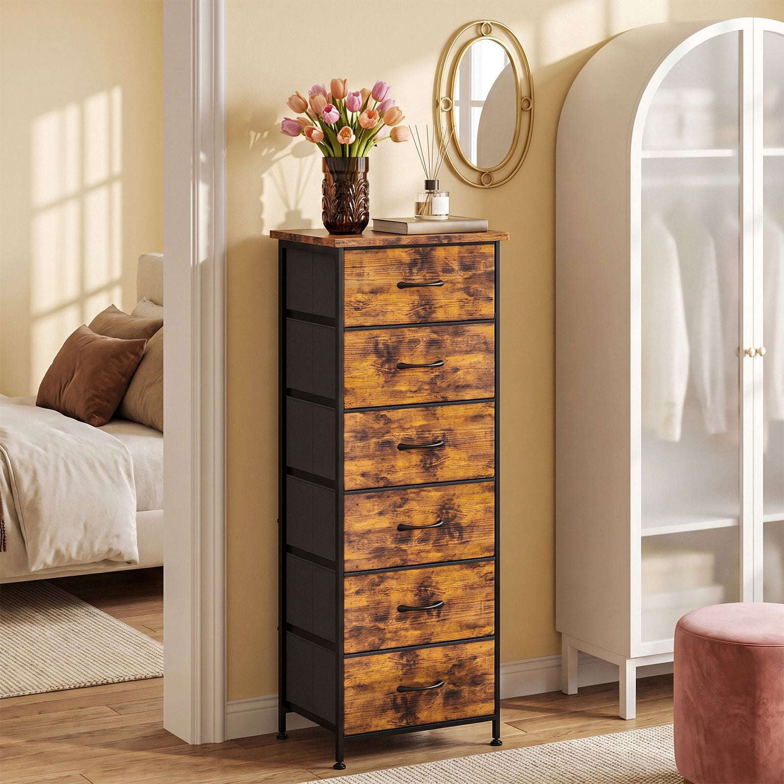 6 Drawer Dresser, Tall Narrow Storage Chest with Fabric Drawers, Steel Frame and Wood Top, Space-Saving Unit for Bedroom, Closet, Entryway