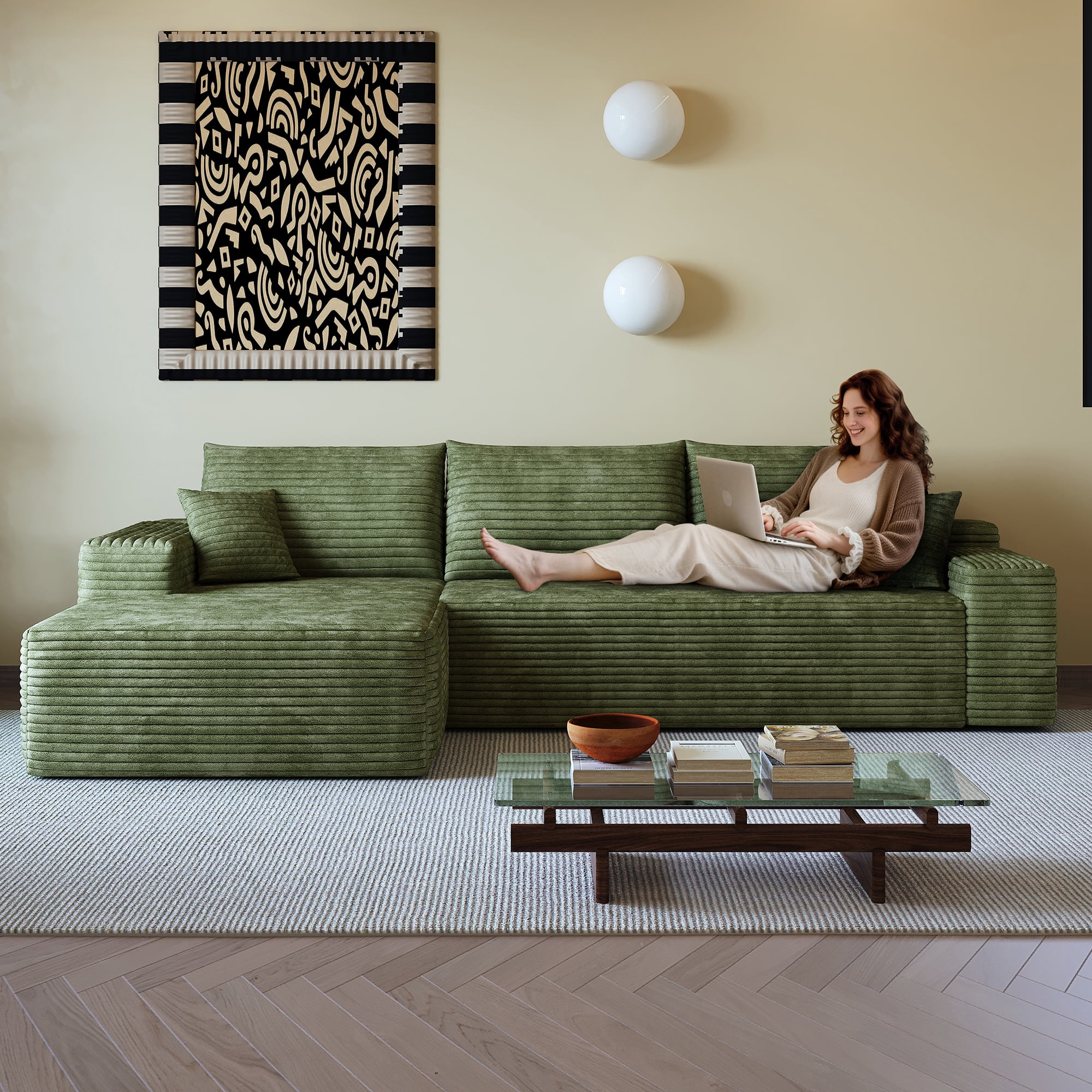 MAYEERTY 107" Cloud Sectional Couch with L-Shape Chaise, Modern Modular Deep Seat Sofa, No Assembly Plush Corduroy Fabric, Green (2 packages)