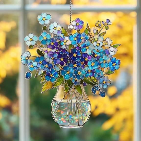 Qocolcyl Forget-Me-Not Flower Stained Glass Suncatcher, Hanging Window Ornament with Iridescent Effect, for Home Decor and Gift