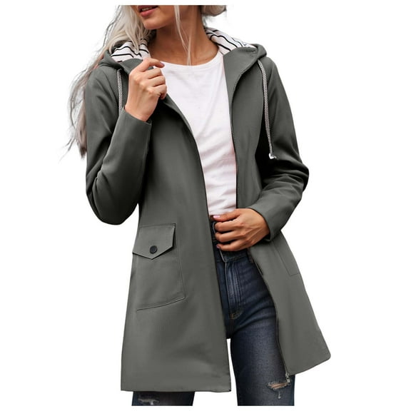 GEWSEY Rain Jacket Women Waterproof Lightweight Full Zip Lined Long Raincoat with Hood Outdoor Windbreaker Trench Coat Outerwear (Grey, 3XL)