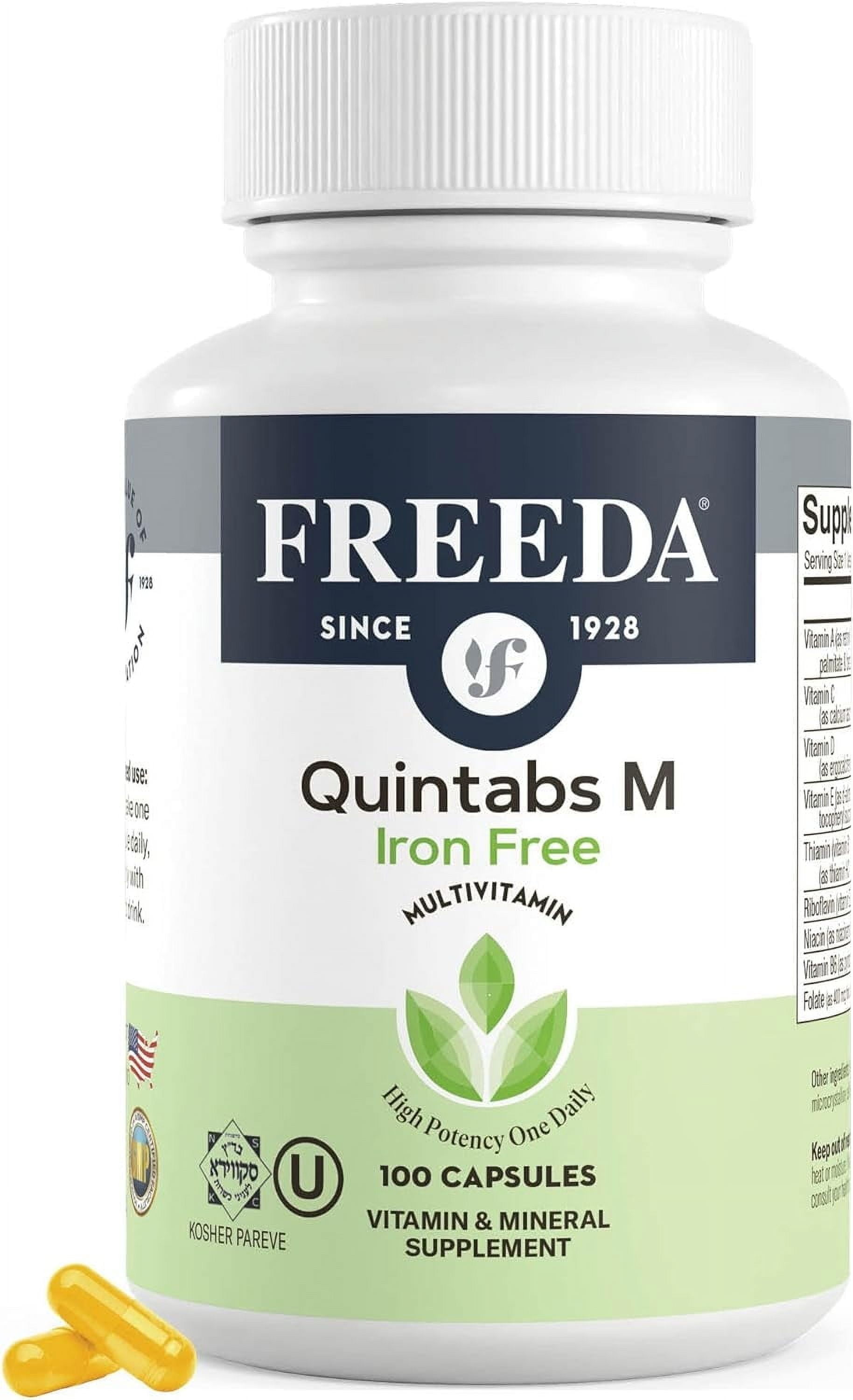 Freeda Quintabs-M Iron-Free One Daily Adult Multivitamin Capsules Gluten Free and Sugar Free Dietary Supplements, 100 Count