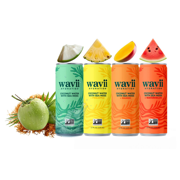 Wavii Hydration Organic Coconut Water with Organic Sea Moss, Variety Pack, 11 fl oz, 12 Cans