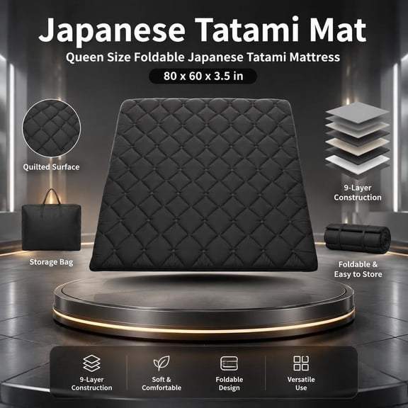 Foldable Tatami Mattress, Queen Size Futon Floor Mat, 80 x 60 x 3.5 in, Black, with Storage Bag for Sleeping