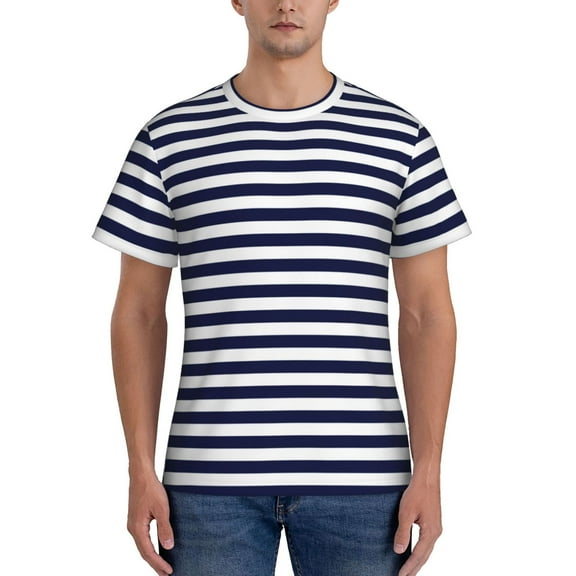 Naloa Navy Blue And White Stripes Men's T-Shirt Sport T-shirt Men's Basic Tee Casual Men's Shirt, Round Neck, Short Sleeves - Small