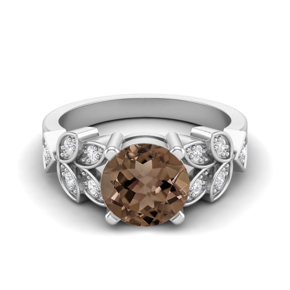 Mooneye 8mm Round Smoky Quartz 925 Sterling Silver Solitaire Leaf Design Mother's Day Gift Ring