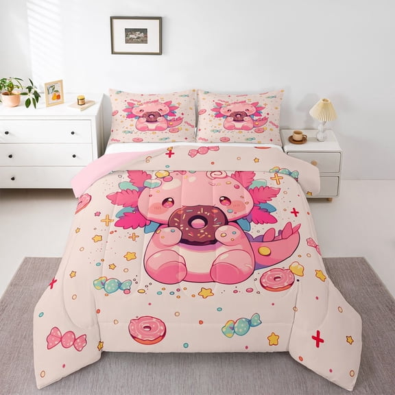 Feelyou Teens Donut Axolotl Twin Comforter Sets, Kawaii Animal Bedding Set, 2 Pieces