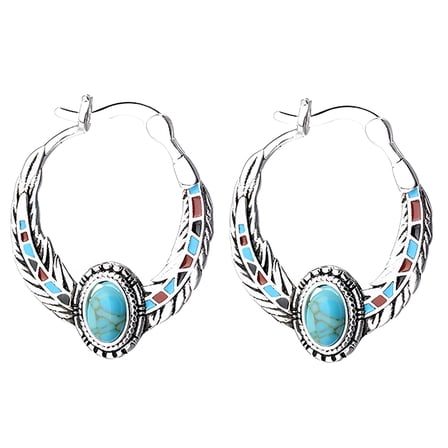 DESIGNICE Bohemian Women Faux Turquoise Eagle Feather Carved Huggie Earrings Jewelry Decor Alloy Silver