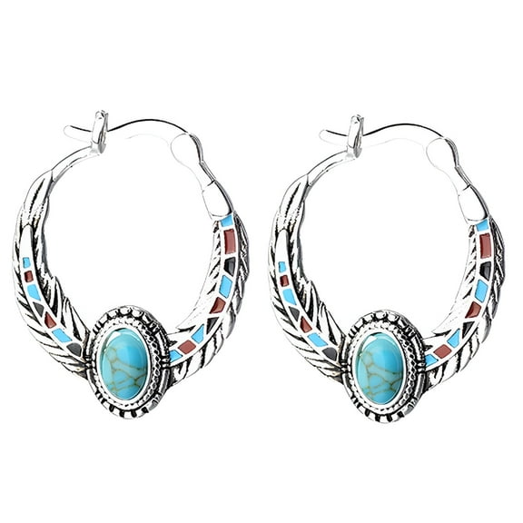 DESIGNICE Bohemian Women Faux Turquoise Eagle Feather Carved Huggie Earrings Jewelry Decor Alloy Silver